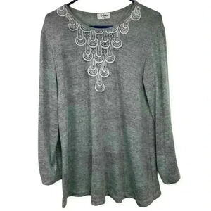 Victoria Crew Neck Long Sleeve Sweater Top Gray Lace Womens XL XXL